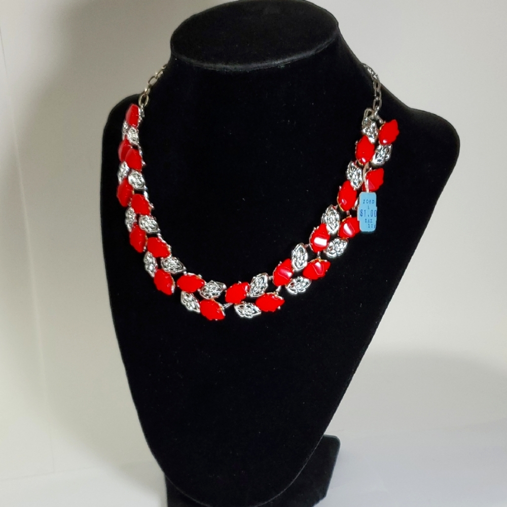 Vintage Red Leaf And Silver-toned Necklace